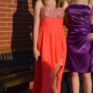 Strapless, coral, gemmed, high low prom dress